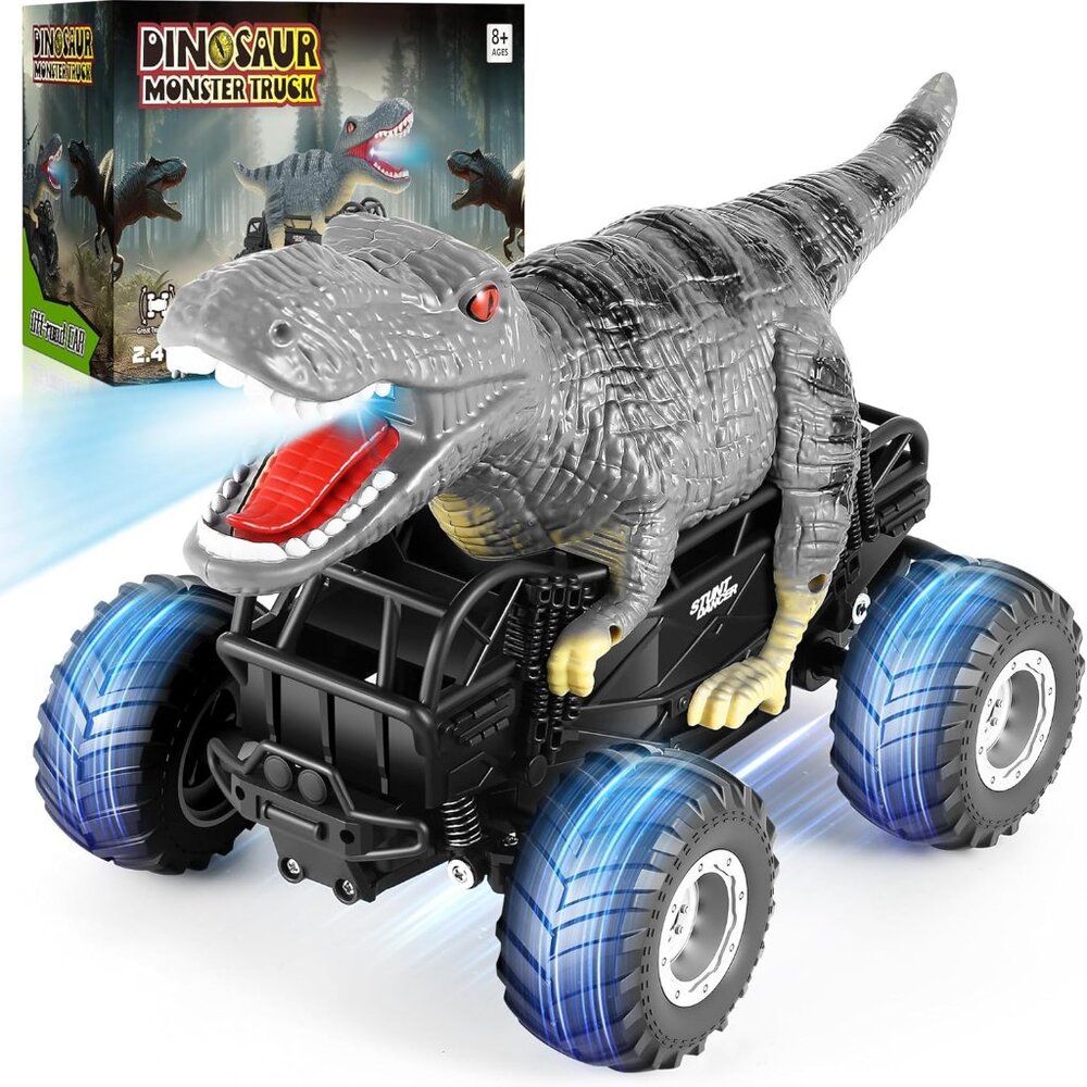 Dinosaur Monster Truck Remote Control Car w Light Recharge Battery Remote 1:18